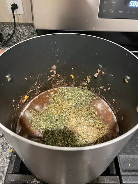 images of 1) the gathered ingredients, 2) the floured meat in a big pot, 3) the added mirepoix, 4) the added herbs and broth, 5) the added vegetables, 6) the completed bowl of stew in a blue ceramic bowl