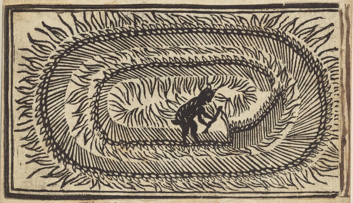 Woodcut featuring image of a devil mowing crops