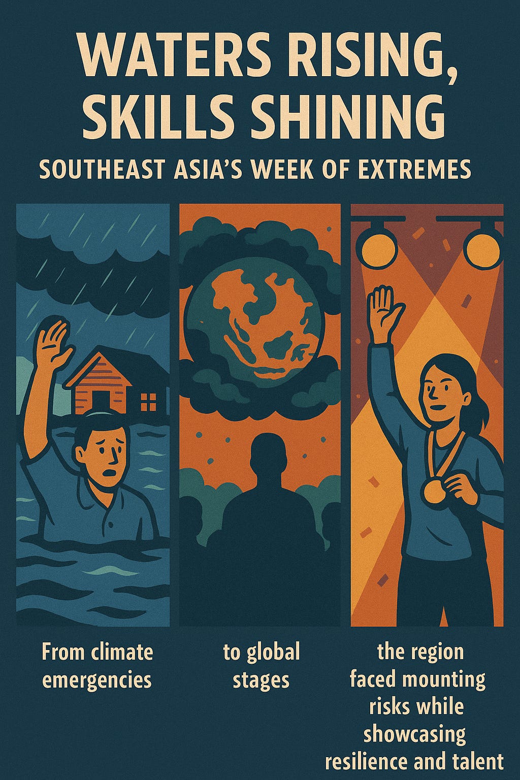 Illustration showing flooded urban areas, power infrastructure, athletes, film reels, and megacities across Southeast Asia, symbolizing resilience amid climate and development challenges. Illustration showing flooded urban areas, power infrastructure, athletes, film reels, and megacities across Southeast Asia, symbolizing resilience amid climate and development challenges.