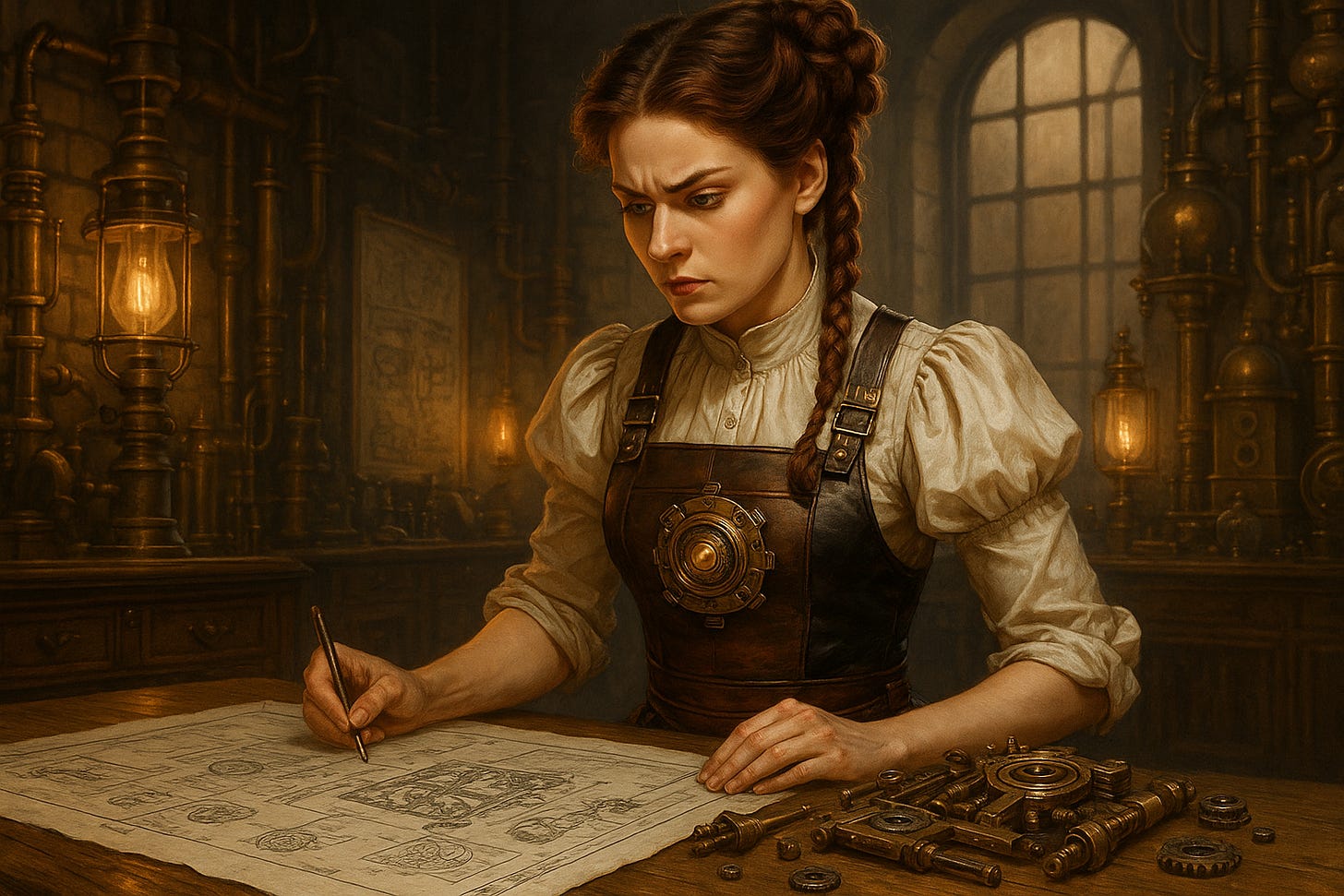 Berenice frowns at the schematics on her workbench