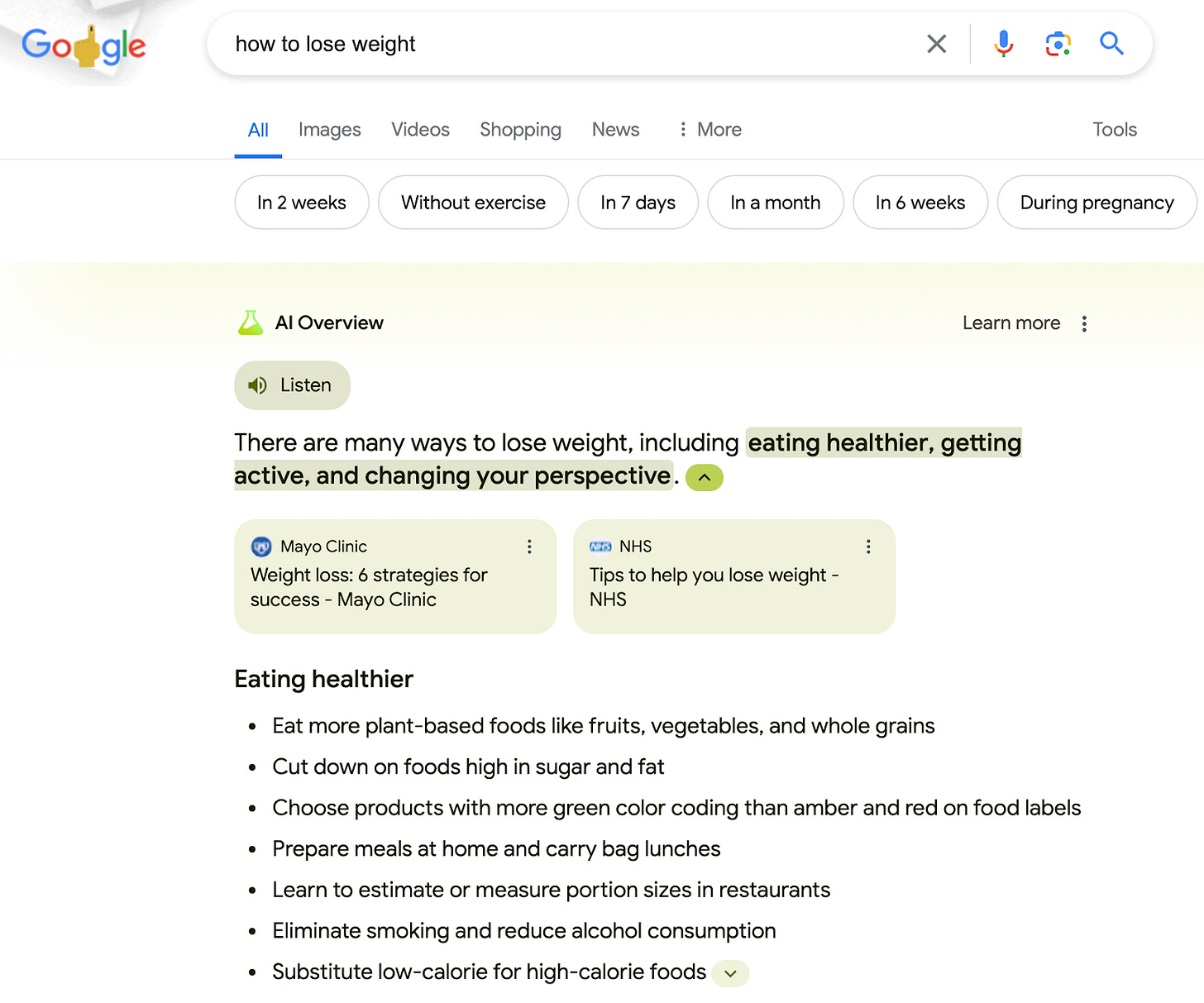Présentation de l'IA dans Google, montrant les résultats pour « comment perdre du poids »