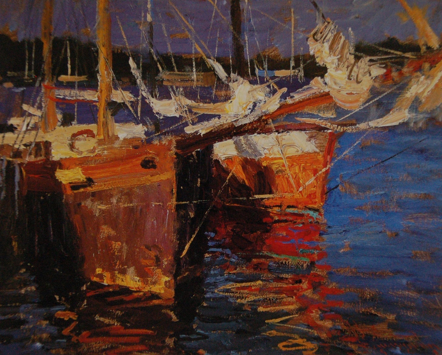 A painting of boats in the water

Description automatically generated