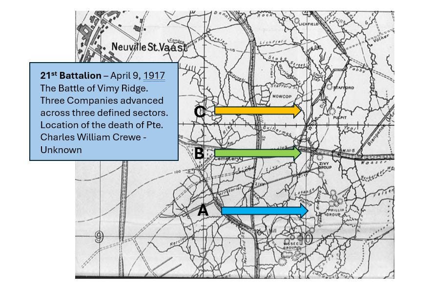 May be an image of map and text that says 'CepuR NeuvileSt.Vaasi St.Vaast St. Neuville 21st Battalion- -April 9, 1917 The Battle of Vimy Ridge. Three Companies advanced across three defined sectors. Location of the death of Pte. Charles William Crewe- Unknown MOWCOP 100 MII5 15 ZIVY forial LOROUR NsteU' May be an image of map and text that says 'CepuR NeuvileSt.Vaasi St.Vaast St. Neuville 21st Battalion- -April 9, 1917 The Battle of Vimy Ridge. Three Companies advanced across three defined sectors. Location of the death of Pte. Charles William Crewe- Unknown MOWCOP 100 MII5 15 ZIVY forial LOROUR NsteU'