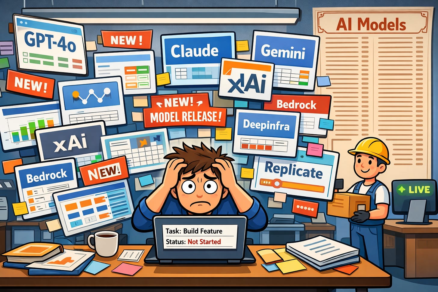 man surrounded by images of AI models looking frustrated at his laptop