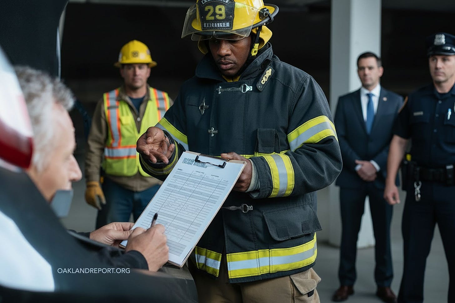 Supporters of Measure E employ an ‘emotional blackmail’ combination of rhetoric — “save our essential services” and “keep fire stations open” — that can be reasonably construed as an implicit threat that if Measure E does not pass, then ‘essential services’ like keeping fire stations open will not be ‘saved.’ (Image source: Oakland Report / Adobe Stock)