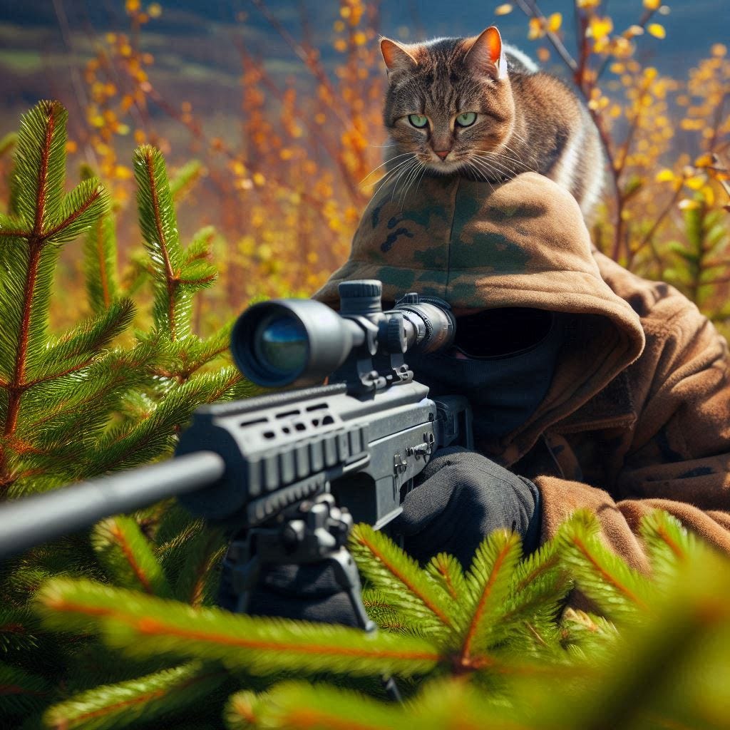 sniper with a cat sitting on his head, hiding in the bush