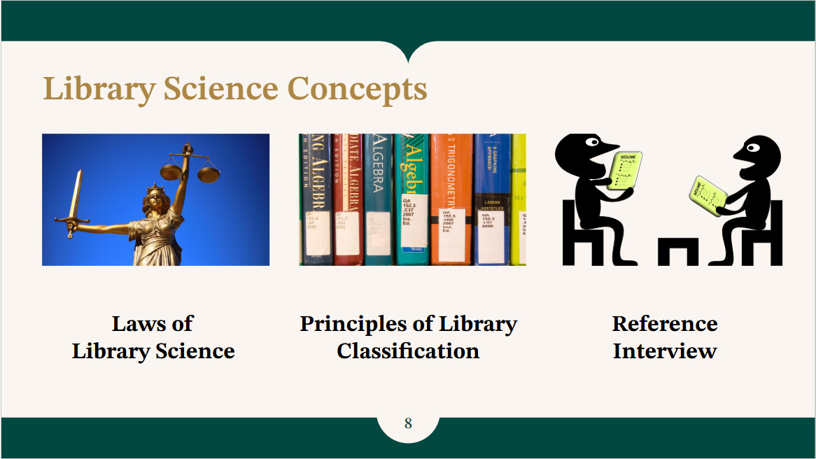 Library Science Concepts: (1) Laws of Library Science (2) Principles of Library Classification (3) Reference Interview.