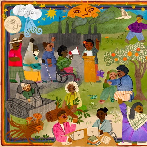 A colorful illustrated triptych showing people actively resisting injustice, resting, and coming together to build a thriving, sustainable, and beautiful world together.