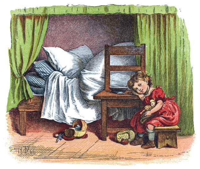 Vintage illustration of a little girl next to a messy bed Vintage illustration of a little girl next to a messy bed