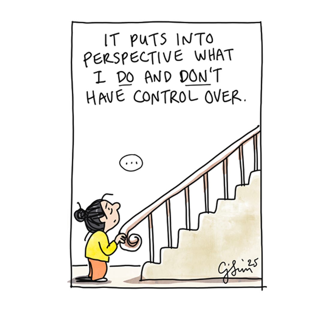 Panel 2 of a 4-panel comic strip illustrating a metaphor of climbing one staircase at a time and managing one's worries, one at a time. Titled "One Worry At A Time," by Connie Sun, cartoonconnie, 2025.