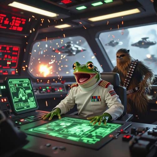 A frog sitting in a control room with a character in the background

AI-generated content may be incorrect.