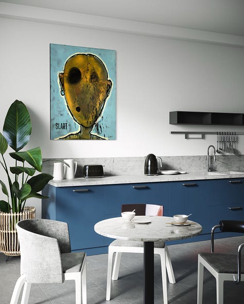 SLART's Painting Memento Vivere (2022), displayed om walls of different rooms.
