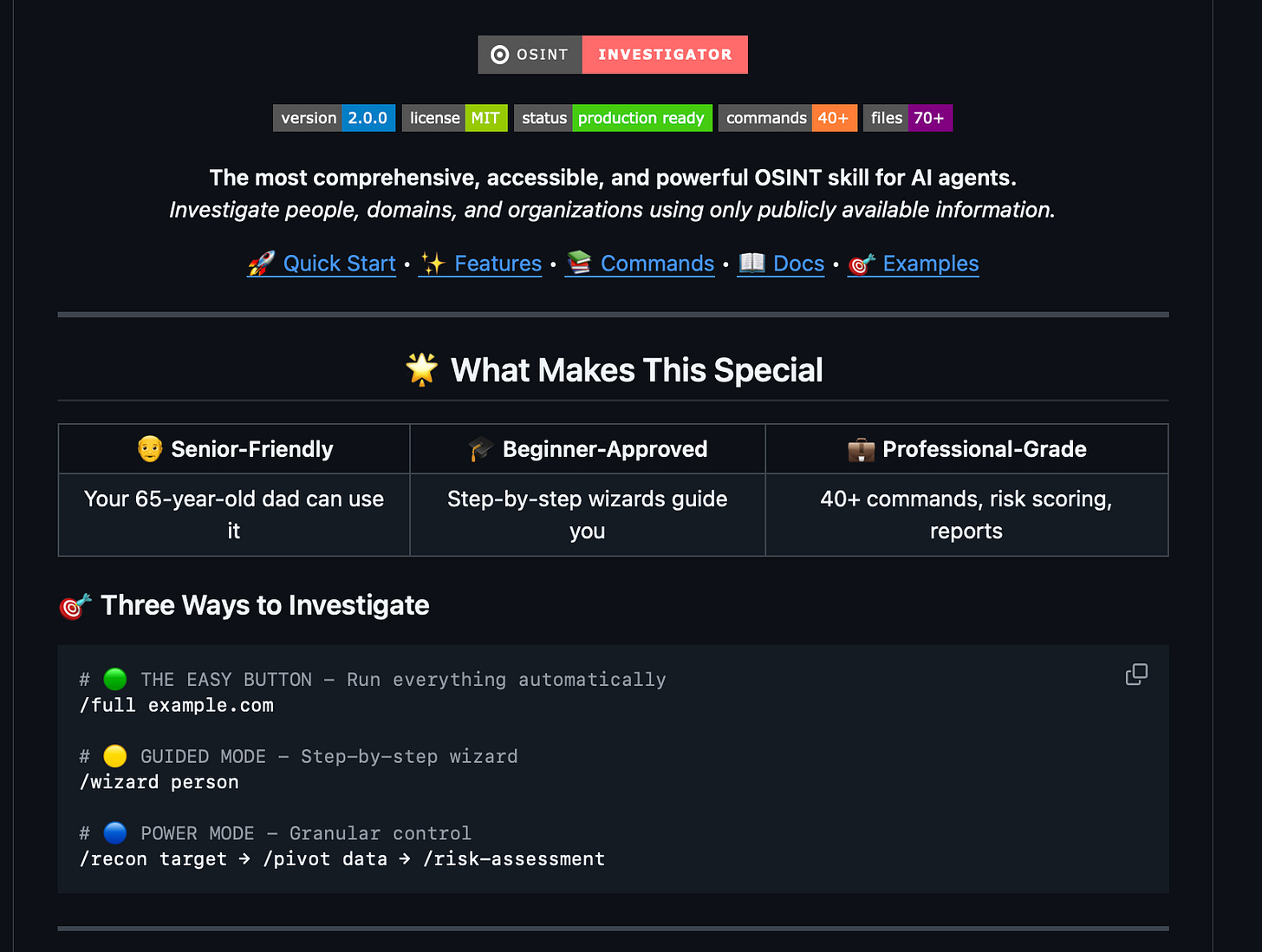 Diagram of the OSINT Investigator AI tool showing its three investigation modes (automatic, guided, and power mode) and core capabilities like evidence chains, contradiction detection, and risk scoring. Diagram of the OSINT Investigator AI tool showing its three investigation modes (automatic, guided, and power mode) and core capabilities like evidence chains, contradiction detection, and risk scoring.