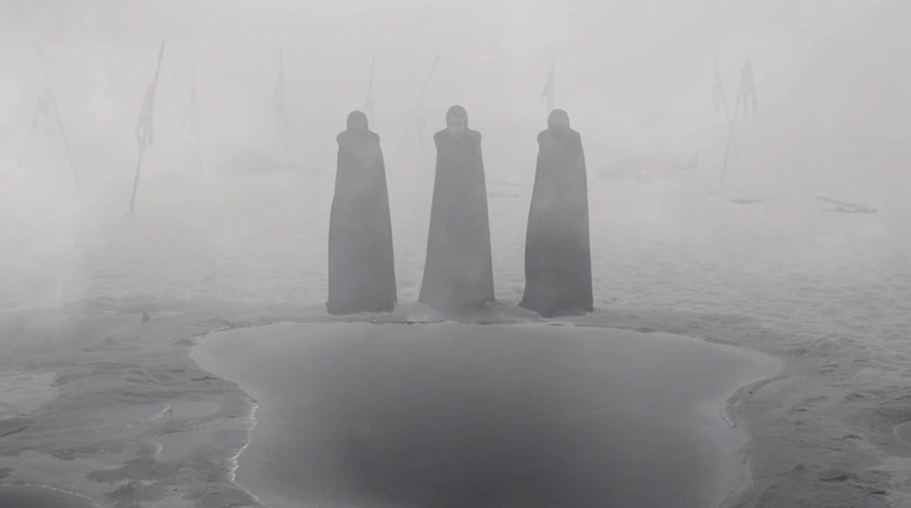 Kathryn Hunter as the witches in Tragedy of Macbeth; the black and white shot is of her standing in triplicate over a pool with no reflection of her