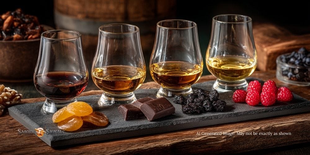 Whiskey tasting flight with sherry, port, rum, and Mizunara finishes alongside matching flavor notes. Whiskey tasting flight with sherry, port, rum, and Mizunara finishes alongside matching flavor notes.