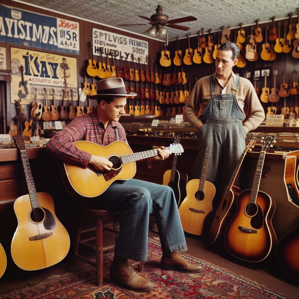 Kay acoustic guitar in a music store in tupelo mississippi in 1946