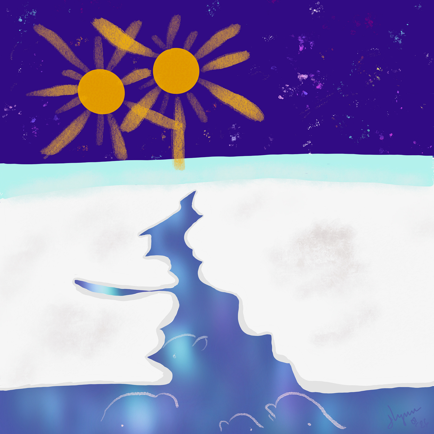 Digital artwork showing a vast white ice field fractured by a narrow opening. Through the crack, deep blue ocean water glows with depth and light. Above the ice, two distant golden suns hover in a dark violet sky, their light reflecting faintly along the fracture, suggesting the first opening between a sealed ocean world and the sky.