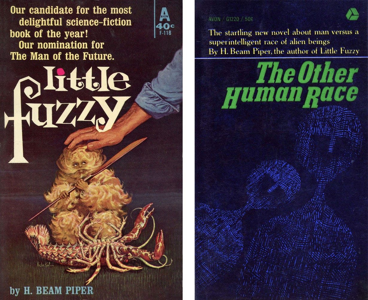 Book covers for LITTLE FUZZY and THE OTHER HUMAN RACE by H. Beam Piper, published by Avon.
