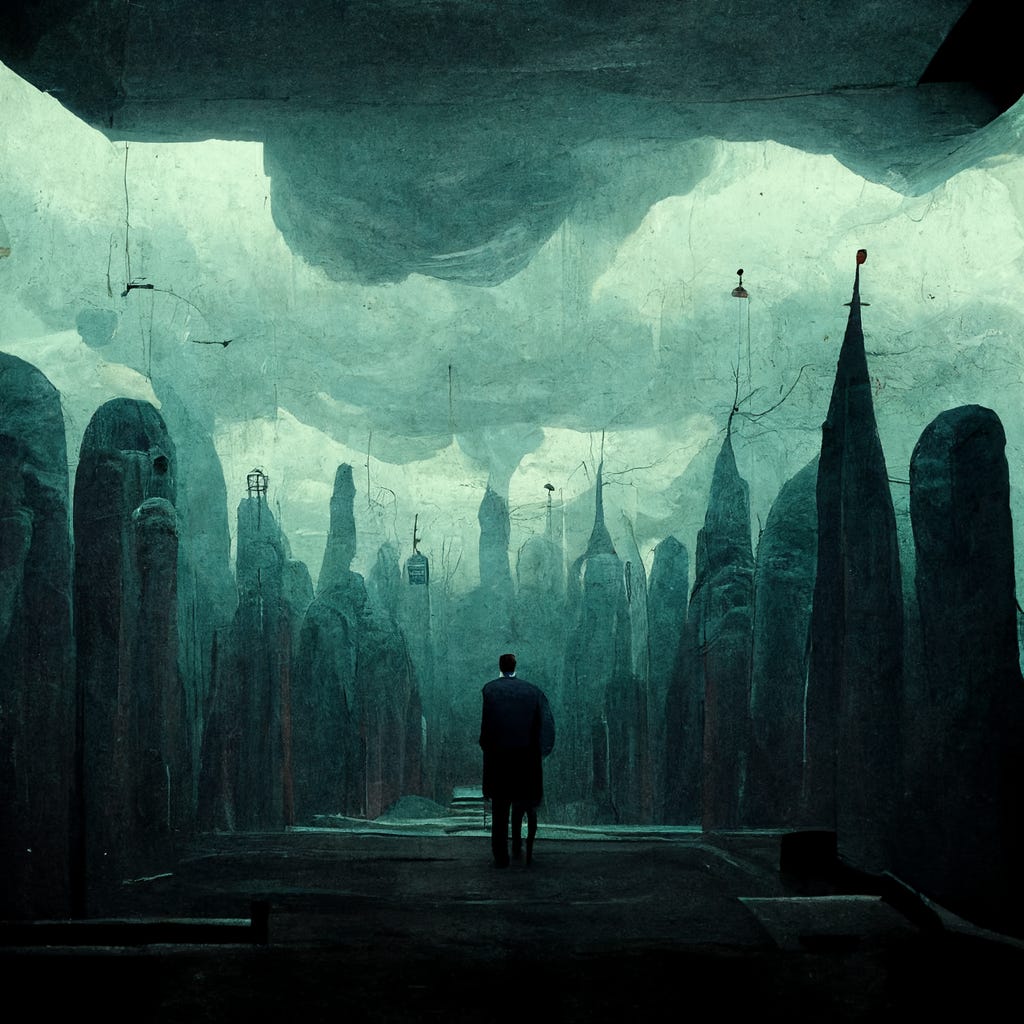 A person in a moody kafkaesque landscape.