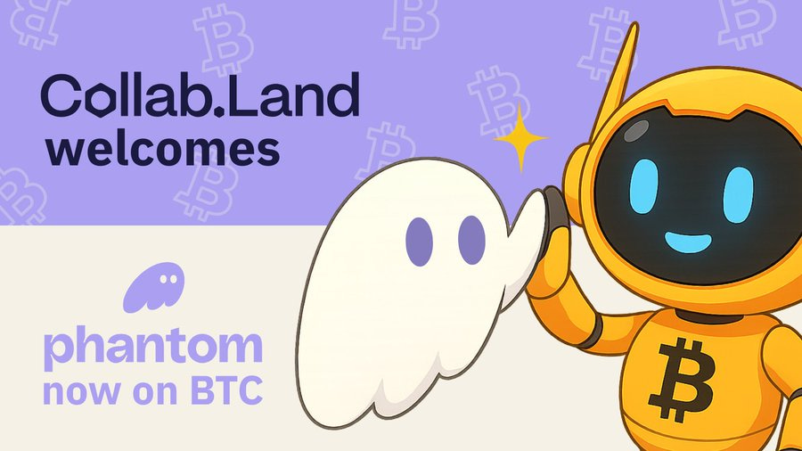 A yellow robot character with a Bitcoin symbol on its chest, wearing an antenna with a star, waving at a white ghost character with large eyes. Bitcoin symbols are scattered in the background. Text reads "Collab.Land welcomes phantom now on BTC".