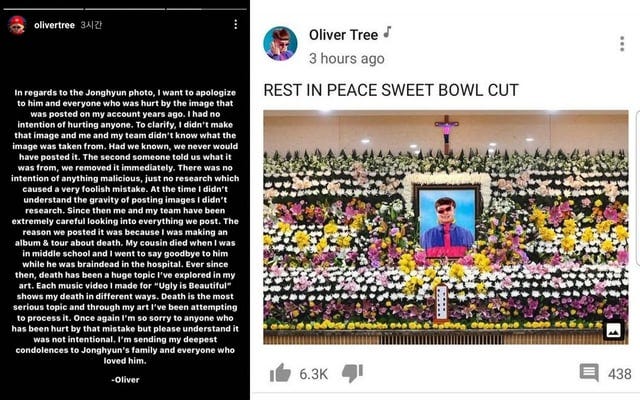 r/kpop - American singer Oliver Tree apologizes for using late Jonghyun's funeral picture to promote his tour