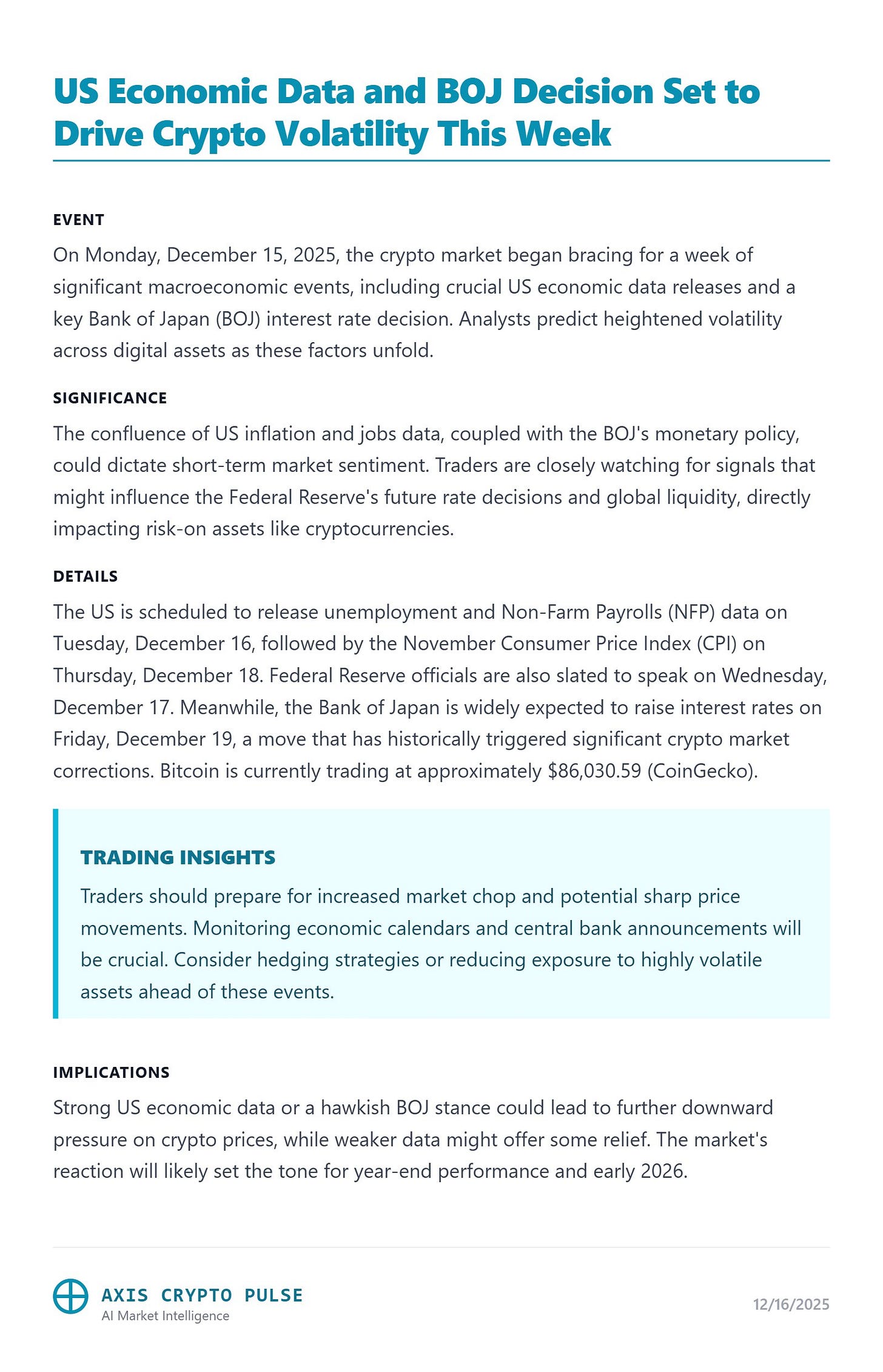 US Economic Data and BOJ Decision Set to Drive Crypto Volatility This Week
