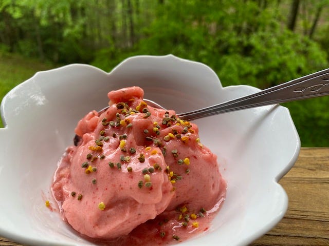 strawberry-banana sorbet with pollen in a white bowl