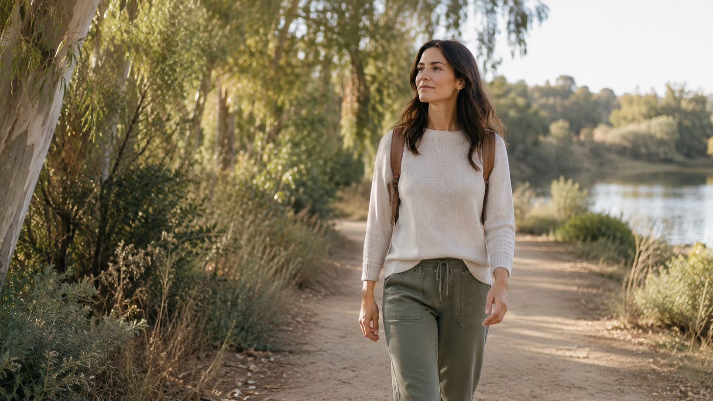 Woman walking peacefully along a nature path, representing steadier emotional change and integration.