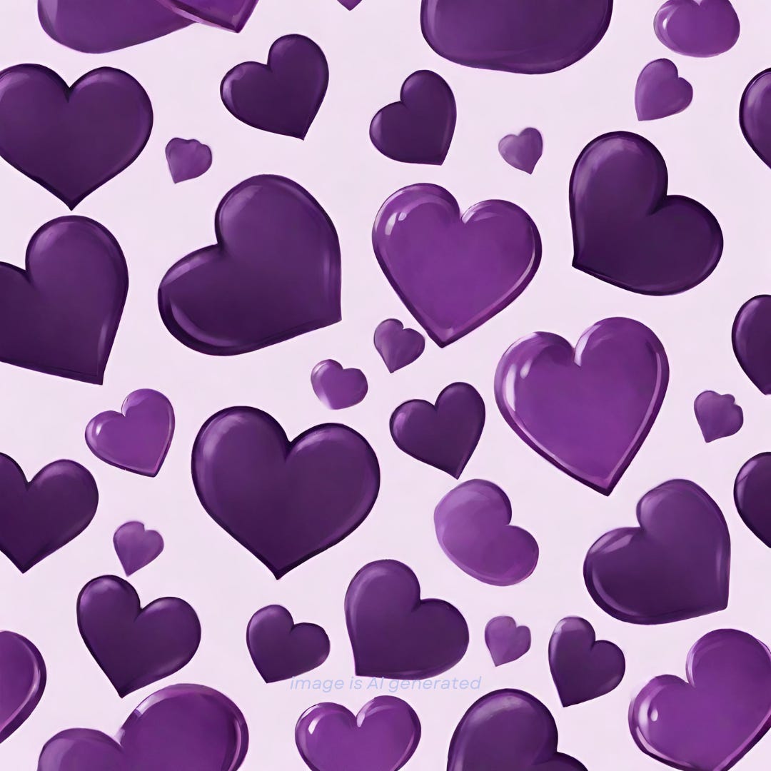 a variety of purple hearts on a pale purple background with text that says image is AI generated a variety of purple hearts on a pale purple background with text that says image is AI generated