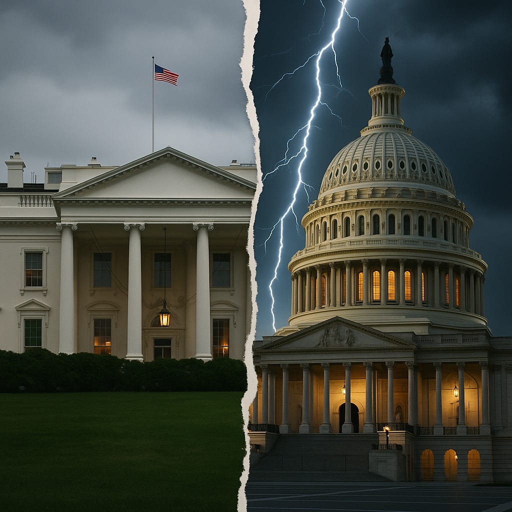A split screen image of the white house (pre wrecking ball) and the capitol building