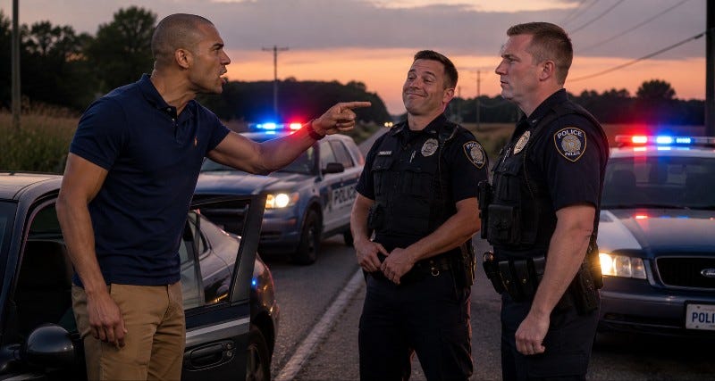 Light-skinned Black man points his finger and argues with two white police officers surrounding him on a rural street.