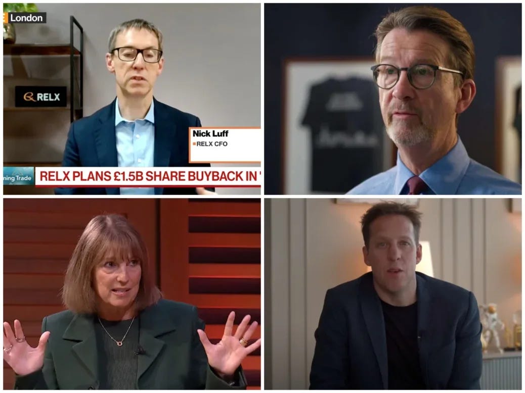 Some of Birtain's best-paid media executives. Clockwise from top-left: RELX CFO Nick Luff (picture: RELX on Youtube); Informa boss tephen Carter (picture: Informa video results statement); Autotrader Group CEO Nathan Coe (picture: 60 Second Careers on Youtube); ITV CEO Carolyn McCall (picture: RTS on Youtube)