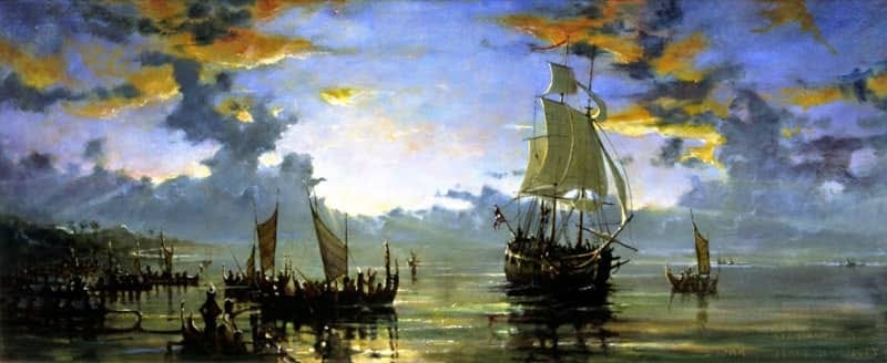 The HMS Bounty arrives at Matavai Bay on the north coast of Tahiti, 1789. 
