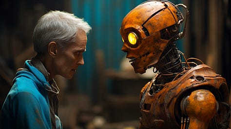 A robot casually chats with a human being
