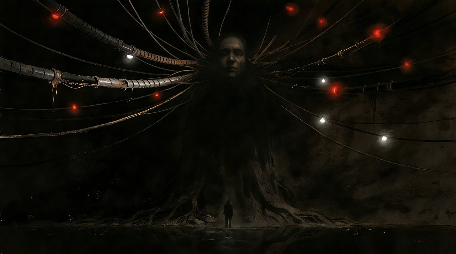 A grown, human-shaped source rooted to a wet black floor in a vast dark hall. Its body is a gnarled trunk; a mass of cables erupts from its head and rises into the dark, rusted, with a few small blinking lights. Warm-amber charcoal.