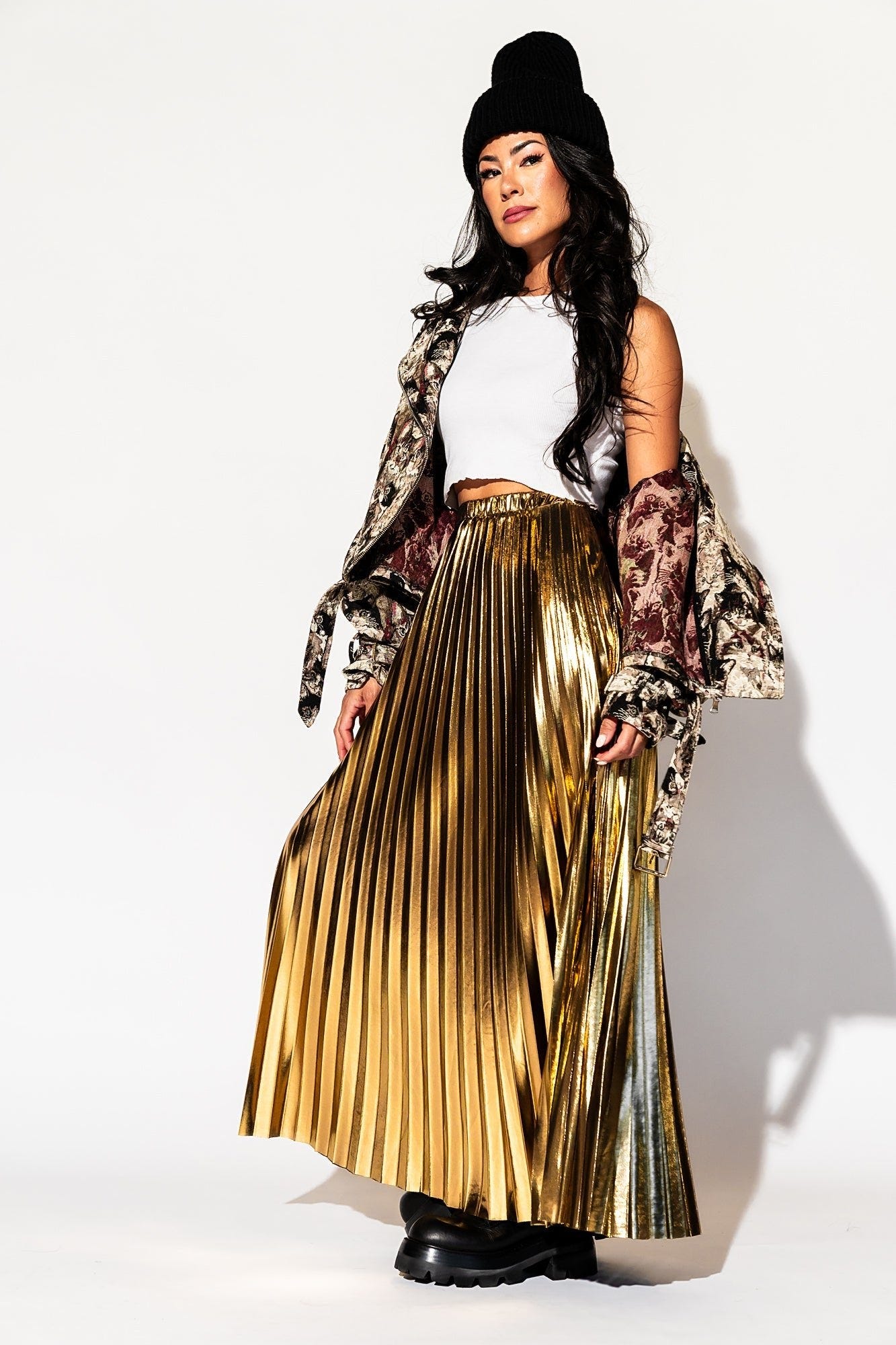 LALA ORIGINAL: Metallic Pleated Midi Skirt in 24 Karat Gold *SHIPPING STARTS 11/2/23* - Dressed in Lala LALA ORIGINAL: Metallic Pleated Midi Skirt in 24 Karat Gold *SHIPPING STARTS 11/2/23* - Dressed in Lala