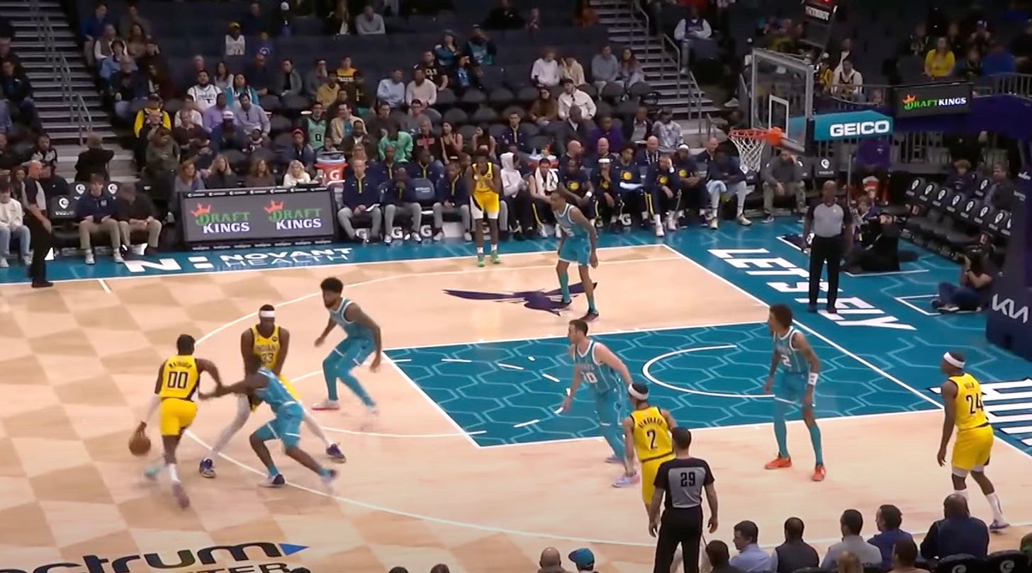 Pacers rookie Bennedict Mathurin runs an action with center Myles Turner in Charlotte. Pacers rookie Bennedict Mathurin runs an action with center Myles Turner in Charlotte.