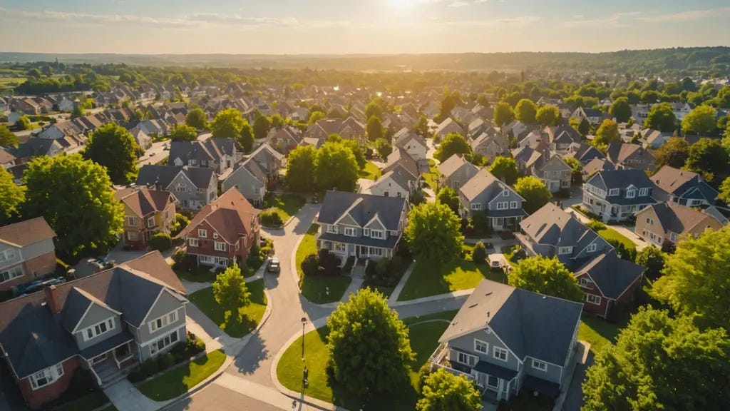 Eye-level view of a neighborhood with houses under sunlight