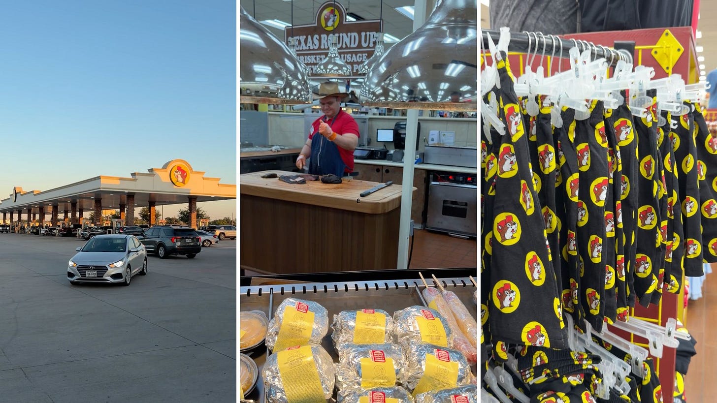 Montage de trois photos chez Buc-ee’s au Texas : une station-service géante, un comptoir de sandwiches chauds et un rayon de caleçons à l’effigie du castor de la marque. Montage de trois photos chez Buc-ee’s au Texas : une station-service géante, un comptoir de sandwiches chauds et un rayon de caleçons à l’effigie du castor de la marque.