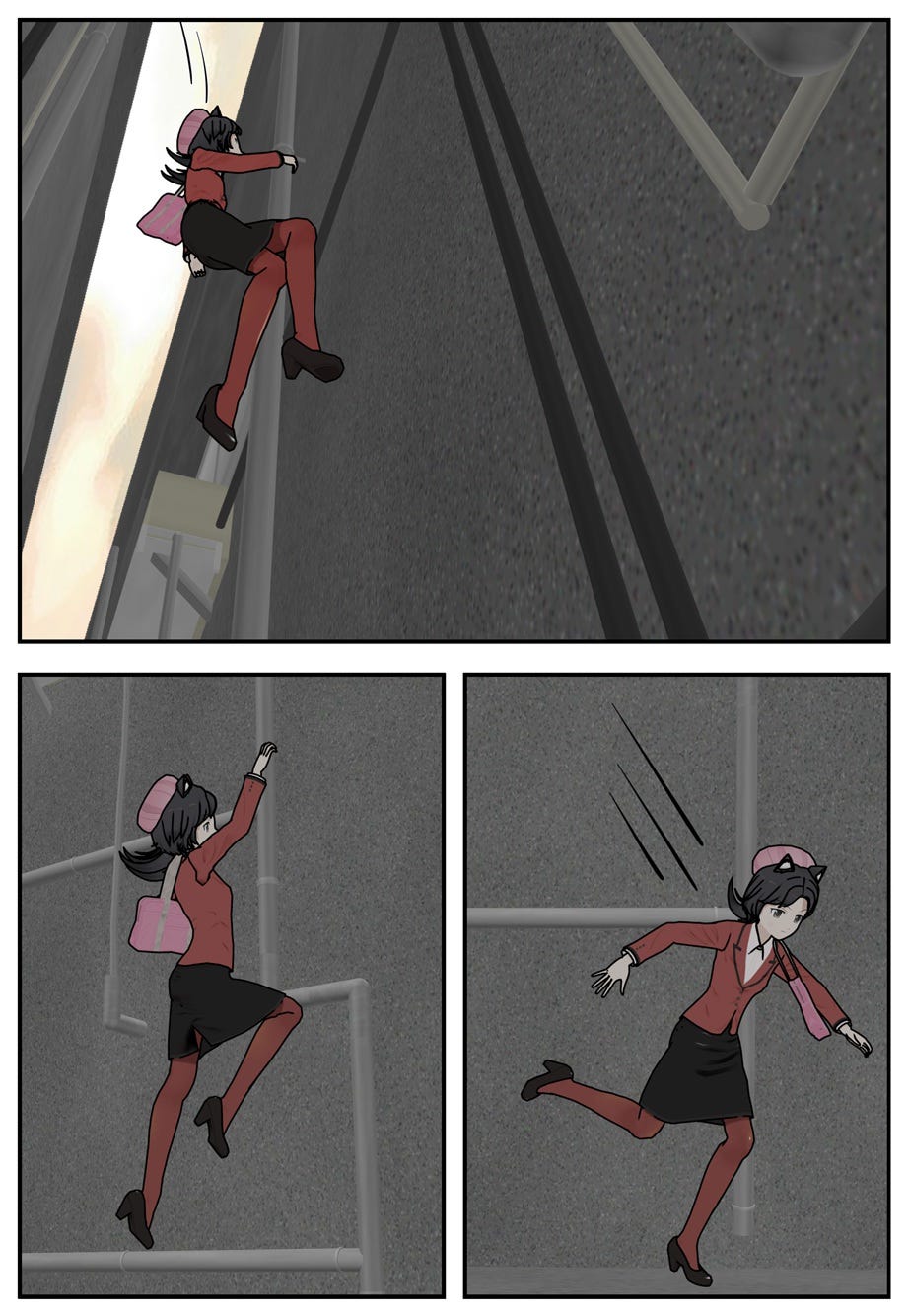 Rae slides down the side of the building, lands, and continues on her way.