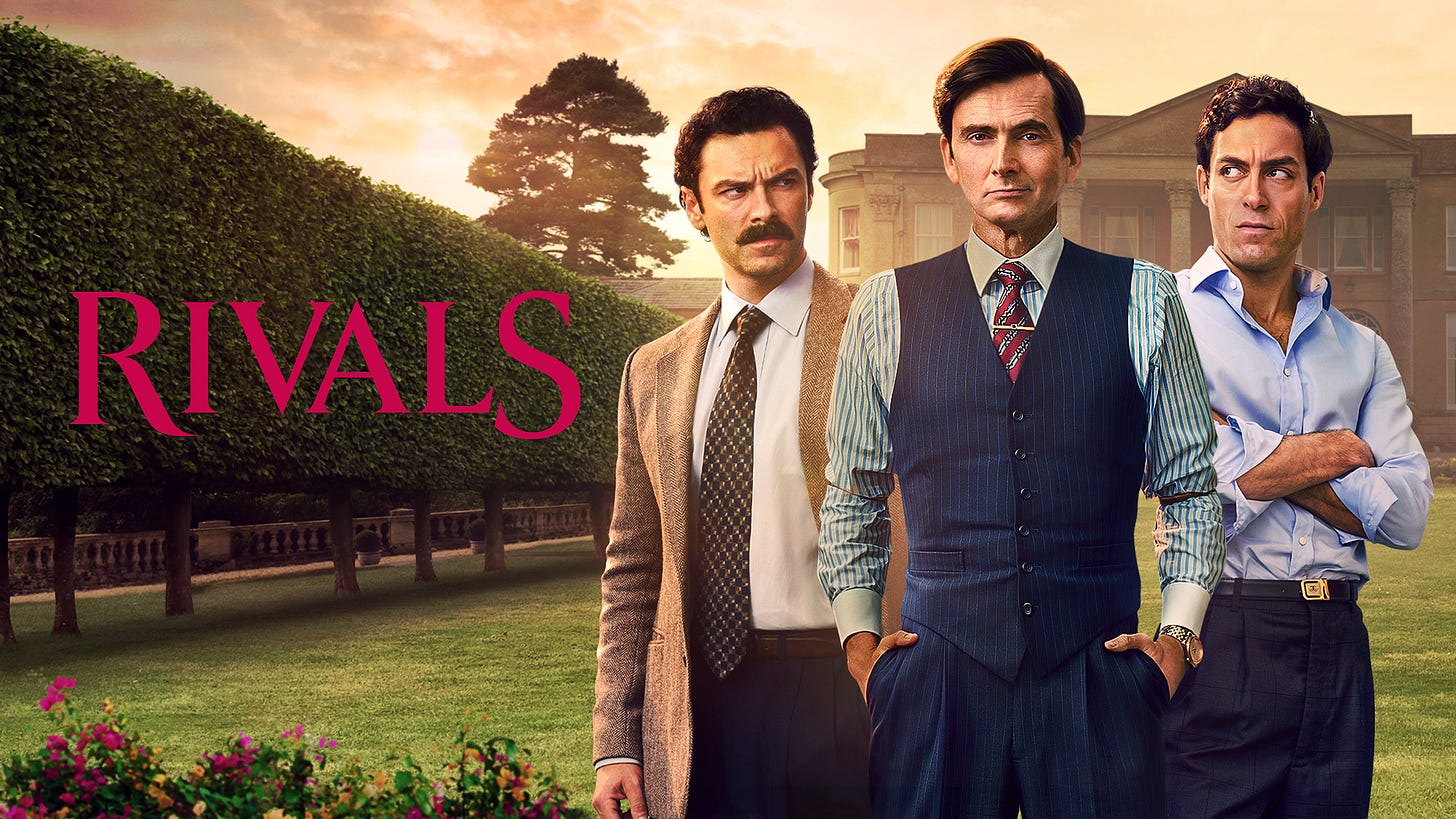 The image is a poster for the British drama series Rivals, which premiered on Disney+ and Hulu on October 18, 2024. The image is a poster for the British drama series Rivals, which premiered on Disney+ and Hulu on October 18, 2024.