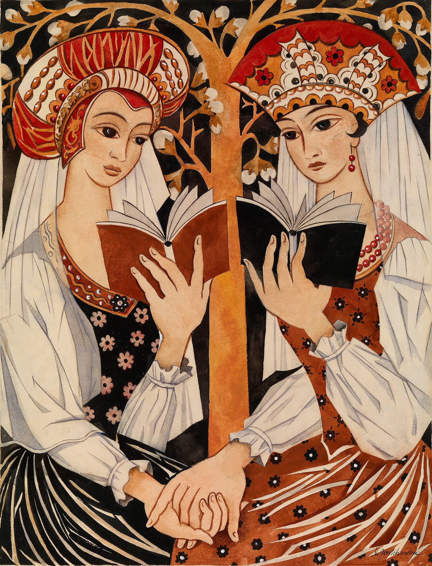 An illustration by Natalia Goncharova titled 'Two Russian Maidens' from 1920. The image depicts two women in traditional Russian attire, holding books and standing in front of a stylized tree with leaves and flowers. The women are dressed in vibrant, patterned dresses and ornate headpieces, with one woman wearing a red and gold headdress and the other a red and white headdress. They are gazing at their books with focused expressions, and their hands are gently clasped together