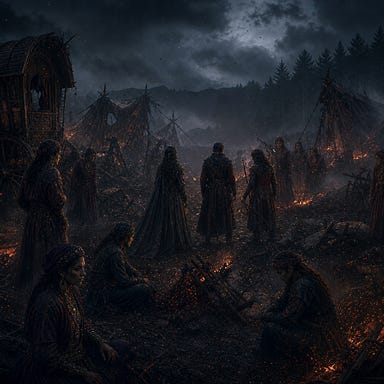 Aftermath of battle in Luvash’s Vistani camp at night; smoldering tents, drifting ash, broken wagons, scattered embers; thinning Barovian mist; party members silhouetted in fading firelight; Vistani watching in stunned silence; Barovian Gothic atmosphere; original faces with no resemblance to real people