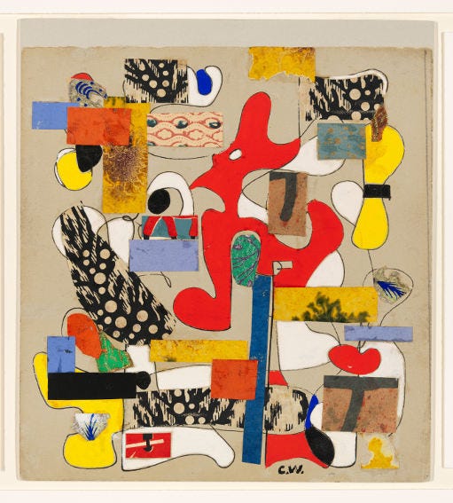 von Wiegand's composition is a mixed-media abstract collage, built of organic shapes in primary colors plus geometric patches of black and cream pattern. von Wiegand's composition is a mixed-media abstract collage, built of organic shapes in primary colors plus geometric patches of black and cream pattern.