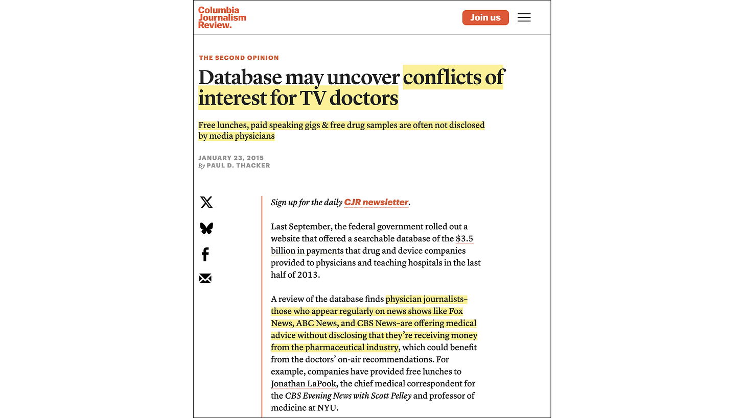 Columbia Journalism Review, “Database may uncover conflicts of interest for TV doctors” (23 January 2015)