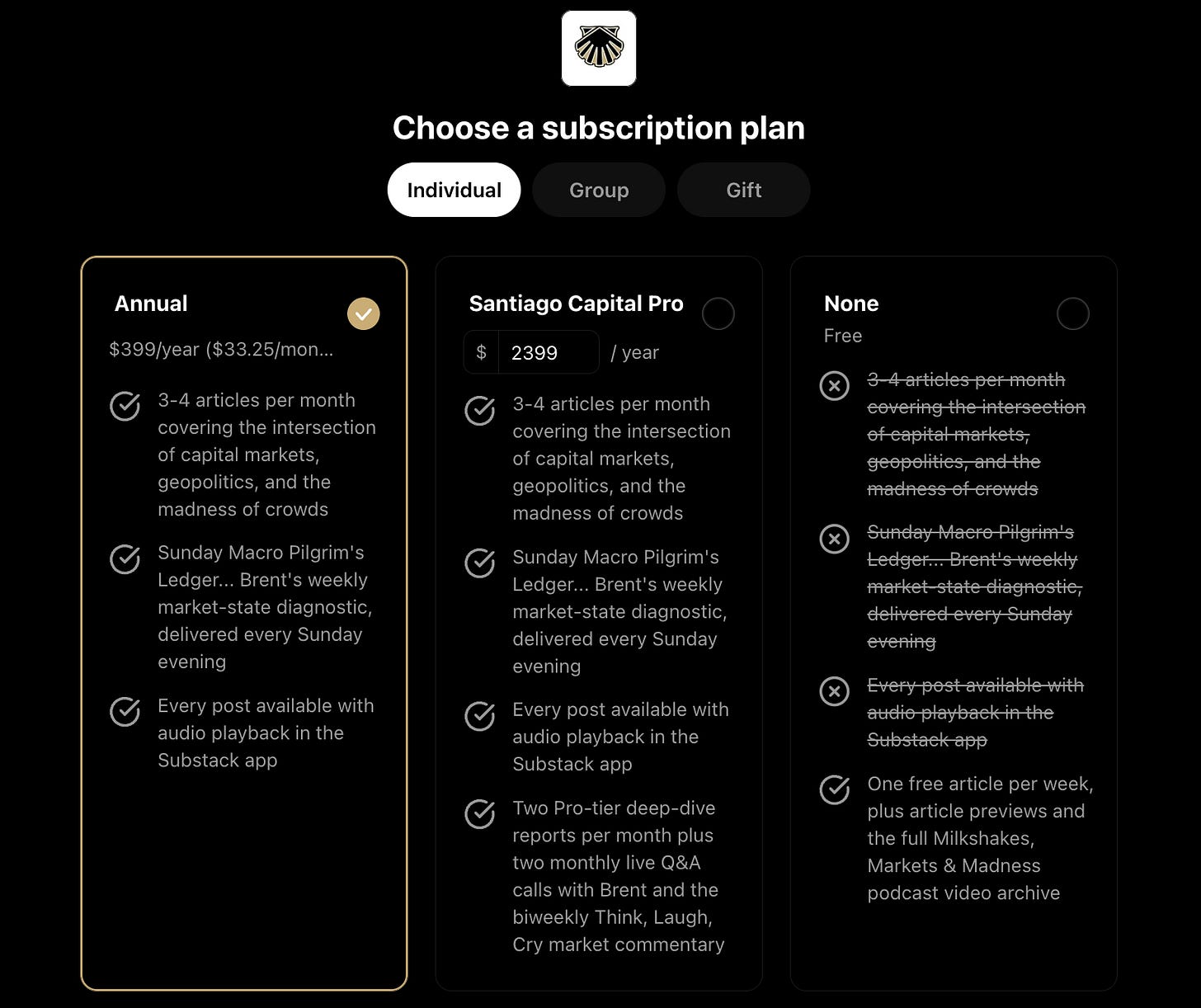 Santiago Capital subscription plan pricing page showing Annual, Pro, and Free tiers