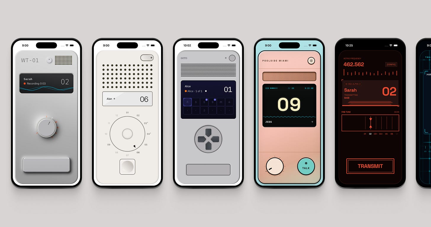 A lineup of Copy walkie-talkie skins with different hardware shapes, colors, displays, and controls. A lineup of Copy walkie-talkie skins with different hardware shapes, colors, displays, and controls.