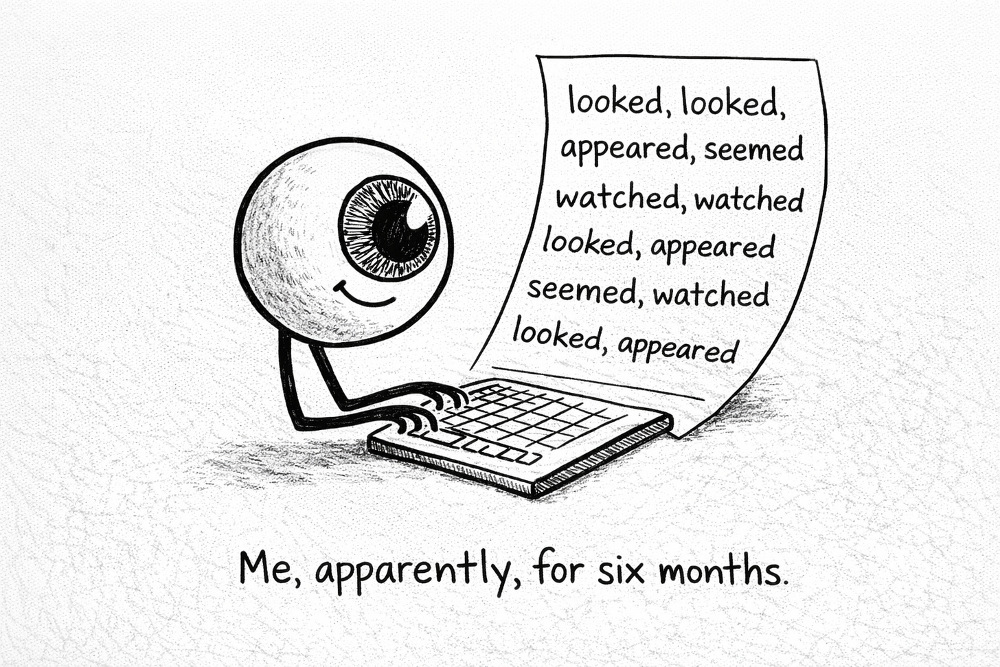 Simple black-and-white sketch of a floating eyeball typing at a keyboard. Words like “looked,” “appeared,” “seemed,” and “watched” spill out onto the page. The eyeball looks pleased with itself.