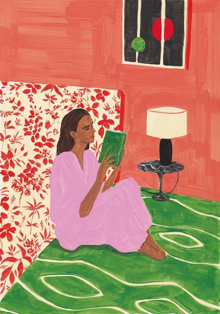 This may contain: a painting of a woman sitting on a bed reading a book in front of a window