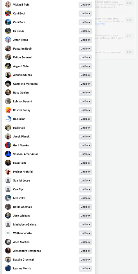 9 out of 17 Screenshots of the Facebook Block List